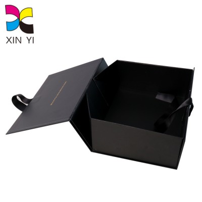 Gold foil gift cardboard rigid ribbon closure black foldable boxes